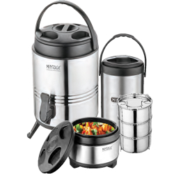 Mintage Hot & Cold Water Dispenser & Hot Lunch Box 3 Container - Set of 2 - Made of Stainless Steel